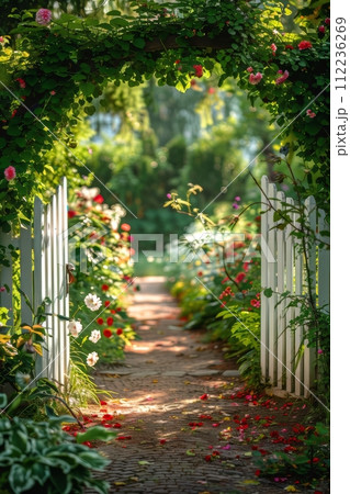 Blooming Garden With Wooden Gate 112236269