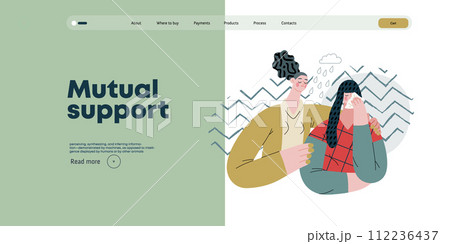 Mutual Support: Emotional aid and support -modern flat vector concept illustration of a woman comforting her friend in her sorrow A metaphor of voluntary, collaborative exchanges of resource, services Mutual Support: Emotional aid and support -modern flat vector concept illustration of a woman comforting her friend in her sorrow A metaphor of voluntary, collaborative exchanges of resource, services 112236437