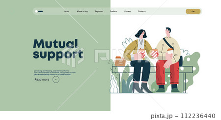 Mutual Support: Share food -modern flat vector concept illustration of woman offering half of her lunch to colleague in the park. A metaphor of voluntary, collaborative exchanges of resource, services Mutual Support: Share food -modern flat vector concept illustration of woman offering half of her lunch to colleague in the park. A metaphor of voluntary, collaborative exchanges of resource, services 112236440
