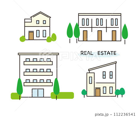 新しい家やアパート、マンションー不動産や引っ越しのイメージイラストベクターセット素材 新しい家やアパート、マンションー不動産や引っ越しのイメージイラストベクターセット素材 112236541