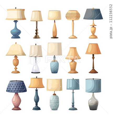 AI-generated content. Interior lamps in cartoon style. Stylized colored objects, lighting, light electrical devices, modern and old design elements, vector set isolated on white background 112236552