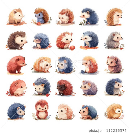 AI-generated content. Hedgehogs in cartoon style vector set. Cute animals with thorns of mushrooms and berries, forest inhabitants, in minimalistic flat design, different colors, graphics for children AI-generated content. Hedgehogs in cartoon style vector set. Cute animals with thorns of mushrooms and berries, forest inhabitants, in minimalistic flat design, different colors, graphics for children 112236575