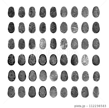 AI-generated content. Fingerprints in black color vector set. Minimalistic silhouettes of human skin patterns, abstract icons, graphics isolated on white background 112236583