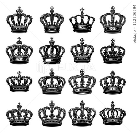 AI-generated content. Crowns in black and white graphic linear detail style, vector set. Symbols of power, king, emperor, with crosses, precious stones, jewelry, isolated on white background 112236594