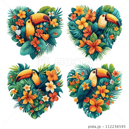 AI-generated content. Composition of tropical plants in the shape of heart with toucan. Design of love symbol with bird and decorative elements of botany. Graphic elements for cosmetics, exotic vibe AI-generated content. Composition of tropical plants in the shape of heart with toucan. Design of love symbol with bird and decorative elements of botany. Graphic elements for cosmetics, exotic vibe 112236595