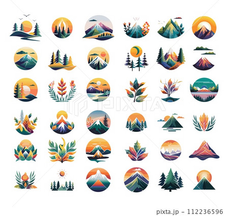AI-generated content. Colored tourist logos in minimalist design, big bundle. Large set of icons with elements of mountains, forests, trees, sun, rivers, ponds. Outdoor symbols, vector signs isolated AI-generated content. Colored tourist logos in minimalist design, big bundle. Large set of icons with elements of mountains, forests, trees, sun, rivers, ponds. Outdoor symbols, vector signs isolated 112236596