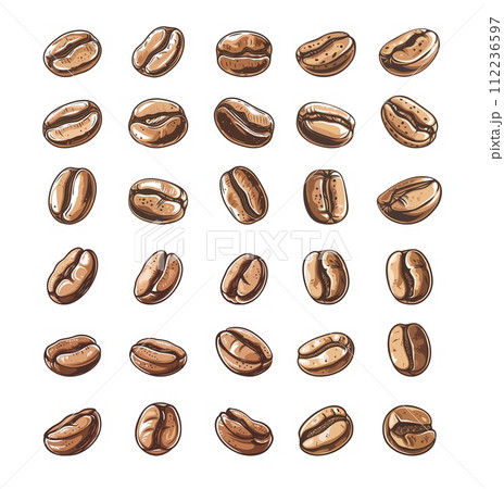 AI-generated content. Coffee beans in cartoon pencil style. Plant seeds for making hot and cold drink, Espresso, Americano, Latte, Cappuccino, Affogato, from different angles of view, vector objects AI-generated content. Coffee beans in cartoon pencil style. Plant seeds for making hot and cold drink, Espresso, Americano, Latte, Cappuccino, Affogato, from different angles of view, vector objects 112236597