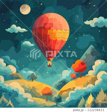 AI-generated content. Balloon soaring over the hills against the background of the sky. Flat expressive illustration, landscape composition with mountains, trees, artistic graphics for design and AI-generated content. Balloon soaring over the hills against the background of the sky. Flat expressive illustration, landscape composition with mountains, trees, artistic graphics for design and 112236611