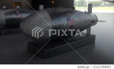 Nuclear Missile on the Background Flag of USA. Weapons of mass destruction. Nuclear, chemical weapons, radiation. 3d illustration 112236661