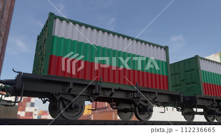 Containers with the flag of Bulgaria. Railway transportation. 3d illustration 112236665
