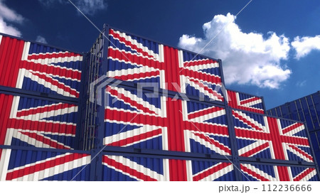 United Kingdom export or import concept. United Kingdom flag containers are located at the container terminal. 3d illustration 112236666