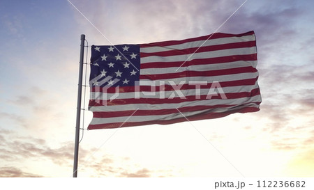 American Flag, USA Flag on a Pole with Sunset Sky Evening Background. 3d illustration American Flag, USA Flag on a Pole with Sunset Sky Evening Background. 3d illustration 112236682