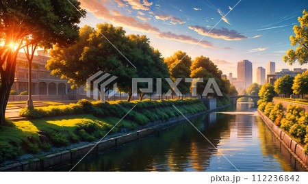 アニメ背景_川のある風景_夕暮れ_001 112236842