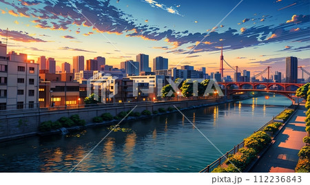 アニメ背景_川のある風景_夕暮れ_002 112236843