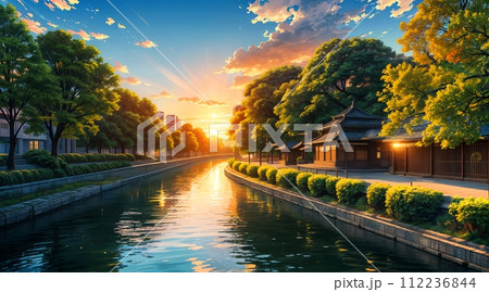 アニメ背景_川のある風景_夕暮れ_003 112236844