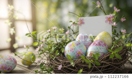 AI-generated content. painted easter eggs and flowers on a rustic wooden background, embodying the joy of spring 112237166