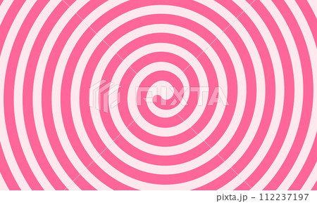 Cute spiral lollipop background. Pink candy, ice cream, yogurt, caramel or marshmallow swirl texture with radial pink stripes. Birthday or Christmas celebration wallpaper. Vector flat illustration 112237197