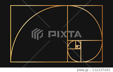Golden ratio template. Gold logarithmic spiral in rectangle frame divided on squares. Fibonacci sequence grid. Leonardo da Vinci divine proportion. Ideal nature symmetry layout. Vector illustration 112237201