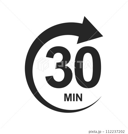 30 minutes with round arrow icon. Half hour countdawn sign. Stopwatch symbol. Sport or cooking timer isolated on white background. Delivery, deadline, duration pictogram. Vector graphic illustration 112237202
