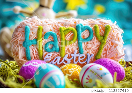 Colorful Happy Easter text made by soft wool, painted colorful eggs near. Creative Easter Holiday background, poster, card Colorful Happy Easter text made by soft wool, painted colorful eggs near. Creative Easter Holiday background, poster, card 112237410