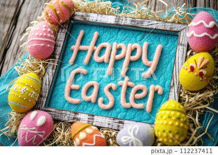 Happy Easter text made by soft pink wool in felting style with frame surrounded by painted colorful eggs. Easter Holiday background, poster, card Happy Easter text made by soft pink wool in felting style with frame surrounded by painted colorful eggs. Easter Holiday background, poster, card 112237411