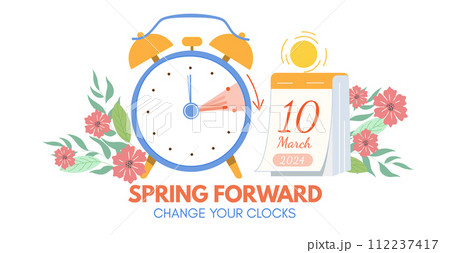 Daylight saving time, 2023 concept. Alarm clock and calendar with the date of March 10, on the floral background. Spring Forward reminder banner with text - change your clocks. vector illustration 112237417