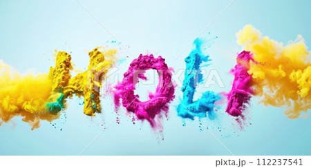 Holi word written colorful powder in blue sky. Explosion of colorful powder with Holi word made from pressed yellow powder. Happy Holi Indian festival concept 112237541