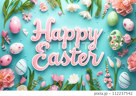 Happy Easter message in pink colors surrounded by frame of painted colorful eggs and flowers on blue background. Easter Holiday background, poster, card Happy Easter message in pink colors surrounded by frame of painted colorful eggs and flowers on blue background. Easter Holiday background, poster, card 112237542