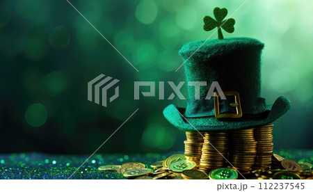 Leprechaun hat with gold coins and clover on green sparkling background. St. Patrick's Day celebration concept for greeting card and banner design with copy space for text 112237545