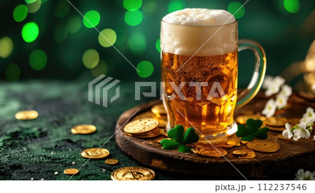 Large fluted mug of foamy ale on cup wooden tray, on dark green background with shamrock and golden coins, bokeh. Banner with copy space. Saint Patrick's Day celebration concept. 112237546