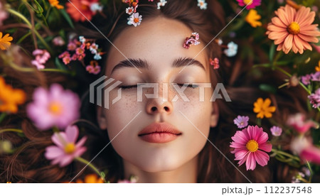 Beautiful young woman sleeping in flowers. Female with closed eyes surrounded by wildflowers. Good for International woman's day 8 march design, for design poster, banner, card Beautiful young woman sleeping in flowers. Female with closed eyes surrounded by wildflowers. Good for International woman's day 8 march design, for design poster, banner, card 112237548