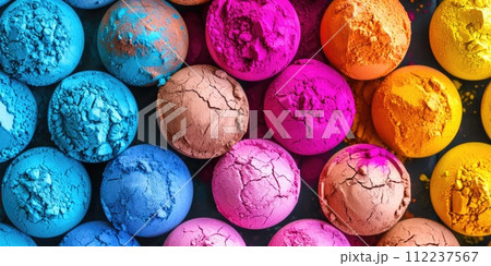 Holi pressed colorful powder in balls. Colorful holi bombs balls made from colored mica powder. Indian Holi festival background Holi pressed colorful powder in balls. Colorful holi bombs balls made from colored mica powder. Indian Holi festival background 112237567