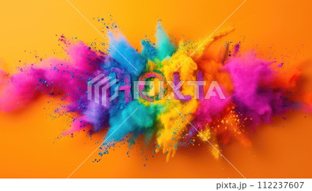 Explosive Holi festival powder with vibrant colors spelling HOLI. Dynamic and colorful concept for traditional Indian Holi celebration. Multicolored text on bright orange background 112237607