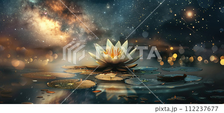 Illustration of Pink lotus flowers in the middle of a pond, surrounded by stars in the night sky. Magha Puja, Asanha Puja, and Visakha Puja Day. Buddhist holiday Concept. Generative Ai. Illustration of Pink lotus flowers in the middle of a pond, surrounded by stars in the night sky. Magha Puja, Asanha Puja, and Visakha Puja Day. Buddhist holiday Concept. Generative Ai. 112237677