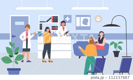 People waiting doctor. Hospital or clinic interior. Patients, administrator and nurse. Young girl at medical center reception, splendid healthcare vector scene People waiting doctor. Hospital or clinic interior. Patients, administrator and nurse. Young girl at medical center reception, splendid healthcare vector scene 112237867