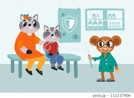 Child vaccination scene. Cute little baby raccoon come with mother in hospital and wait vaccine. Children medical scene with classy cartoon animal characters 112237906