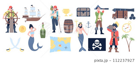 Pirates and mermaids. Sea robbers, ocean mermaid king, rum and pirate ship and flag. Conquerors of the seas, theater actors in costumes, recent vector set Pirates and mermaids. Sea robbers, ocean mermaid king, rum and pirate ship and flag. Conquerors of the seas, theater actors in costumes, recent vector set 112237927