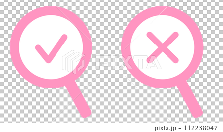 Pink color | Magnifying glass with check mark and cross mark Pink color | Magnifying glass with check mark and cross mark 112238047