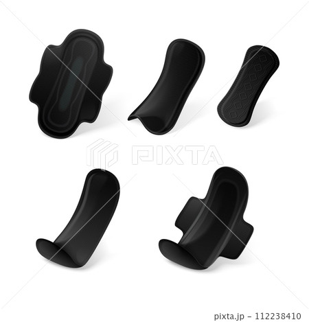 .Black sanitary pads. Realistic feminine pads mockup, female organic towels for menstrual period, healthcare lady hygiene pad products girl health, 3d exact vector illustration .Black sanitary pads. Realistic feminine pads mockup, female organic towels for menstrual period, healthcare lady hygiene pad products girl health, 3d exact vector illustration 112238410