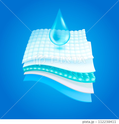 Diaper layer. Absorb layers fabric sheet, water absorption concept layered bed mattress or medical diapers, moisture protection macro textile 3d realistic exact vector illustration 112238411