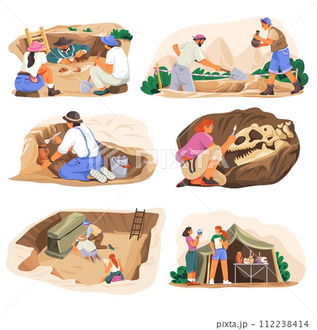 Archaeologist. Cartoon archeologist working with dig instrument on archeology excavation site, search ancient artifact historical discovery anthropology, recent vector illustration 112238414
