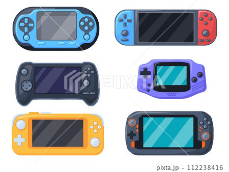 Handheld consoles. Retro portable console, modern switch controller psp nintendo gameboy nerdy geek hipster gaming, game computer 112238416