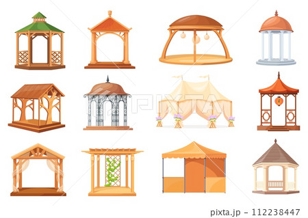 Gazebo. Cartoon pergola for summer house, outdoor stand alcove canopy beach pavilion or garden tent shelter, bower patio marque park wedding event arbor, neat vector illustration Gazebo. Cartoon pergola for summer house, outdoor stand alcove canopy beach pavilion or garden tent shelter, bower patio marque park wedding event arbor, neat vector illustration 112238447