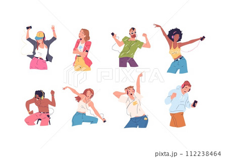 People listen music in phones. Teenagers listening music in headphone and sing, musical training dancing student relax enjoy wearing smartphone earphone, classy vector illustration 112238464
