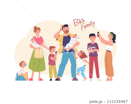 Many children family. Large happy families foster tall cute child, tired stressed parenting newborn babies adult kids, father mom parents daughter son, classy vector illustration 112238467
