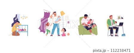 Tired father. Single dad tired father, frustrated tired man with toddler at home crib, annoyed sleepy parent crying baby colic parenting family problem, classy vector illustration Tired father. Single dad tired father, frustrated tired man with toddler at home crib, annoyed sleepy parent crying baby colic parenting family problem, classy vector illustration 112238471