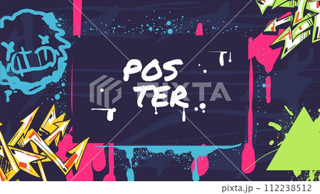 Spray graffiti artwork banner. Hiphop street art wall background, graffiti abstract writing rap poster urban style doodle spray stencil tag advertising, classy vector illustration 112238512