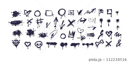 Stencil spray elements. Graffiti ink sprayed element, brush sponge paint splash drip line dirty print design template, splatter shape mud grunge effect classy vector illustration 112238516