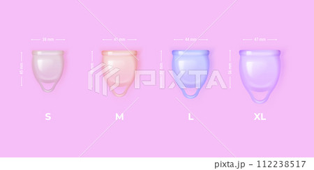 Realistic menstrual cups. 3d menstruation cup different size width height, nature feminine hygiene medical product for girl blood woman pms cycle period, exact vector illustration 112238517