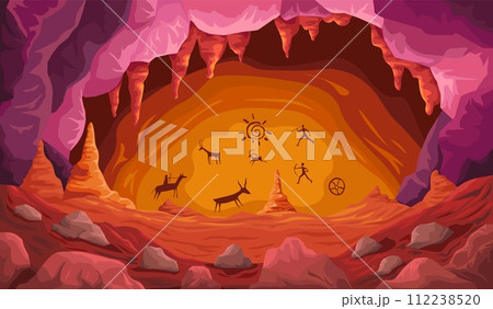 Cave rock art. Prehistoric human primitive drawing on stone wall stalagmite, ancient tribe paintings of caveman silhouette with torch mysterious symbols recent vector illustration Cave rock art. Prehistoric human primitive drawing on stone wall stalagmite, ancient tribe paintings of caveman silhouette with torch mysterious symbols recent vector illustration 112238520